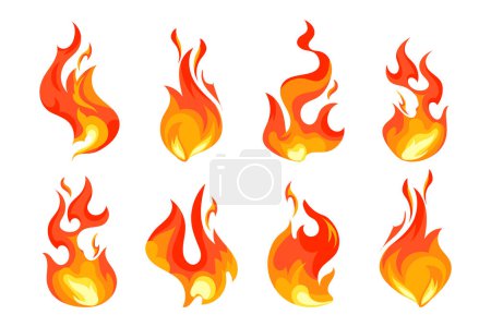 Téléchargez les illustrations : Flamme de feu, allumée. Éléments chauds. Un feu de joie. Éléments décoratifs. Icônes, vecteur - en licence libre de droit
