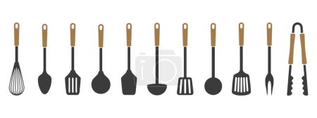 Big set of kitchen utensils, silhouette. Spatulas, hand mixer, spoons, ladles, tongs. Icons, vector