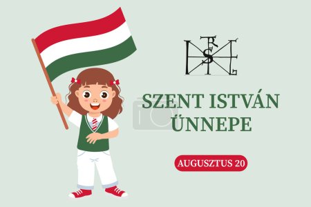 Ilustración de Día de San Esteban en Hungría, 20 de agosto. Lindo personaje de niña con bandera de Hungría. Ilustración, banner, póster, vector - Imagen libre de derechos