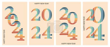 Ilustración de Carteles Boho feliz año nuevo 2024. Plantilla de diseño para la celebración del año nuevo. Fondos mínimos retro con números. Vector - Imagen libre de derechos
