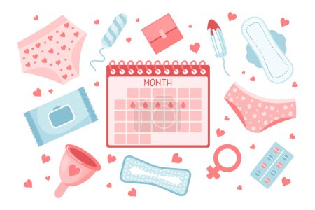Feminine hygiene set. Menstrual period concept. Menstrual cup, tampons, uterus, soap, panties, monthly calendar, sanitary napkin and pills. Vector