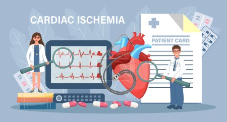 Illustration for Cardiac ischemia for landing page. Doctors inform about heart diseases. Health care and medicine. Template, banner, vector - Royalty Free Image