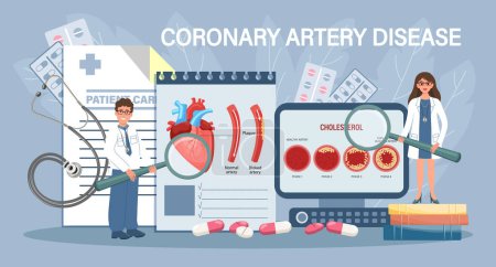 Illustration for Coronary artery disease for landing page. Doctors inform about diseases of the coronary artery of the heart. Health care and medicine. Template, banner, vector - Royalty Free Image