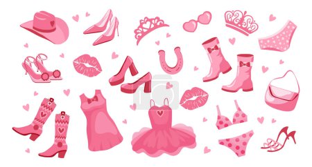 Illustration for Barbiecor Princess set. Pink fashion set, accessories and clothes for a pink doll. Crown, dress, shoes, cowboy hat, boots, bag, glasses. Vector - Royalty Free Image