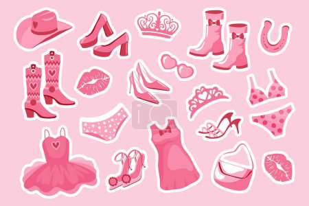 Illustration for Barbiecore Princess sticker set. Pink fashion set, accessories and clothes for a pink doll. Crown, dress, shoes, cowboy hat, boots, bag, glasses. Vector - Royalty Free Image