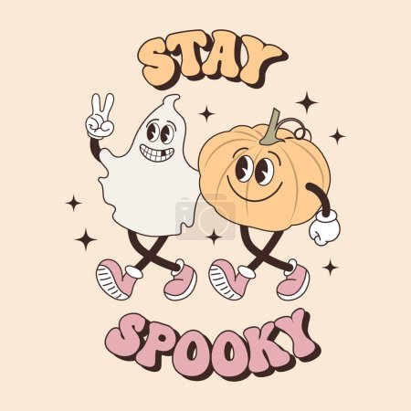 Illustration for Groovy lettering card for halloween. Stay Spooky calligraphy and ghost and pumpkin characters. Retro design for posters, cards, t shirts - Royalty Free Image