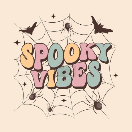 Illustration for Groovy lettering card for halloween.Spooky Vibes calligraphy on a web with spiders and bats. Retro design for posters, cards, t shirts - Royalty Free Image