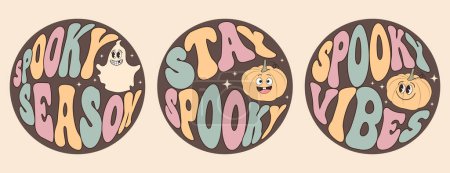 Illustration for Groovy lettering set for halloween. Spooky season, Stay spooky, Spooky vibes. Slogans in round shape. Retro print design for posters, cards, tshirts - Royalty Free Image