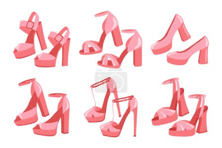 Set of women's high-heeled shoes in retro style. Collection of pink vintage shoes. Clothes and accessories. Illustration. Vector