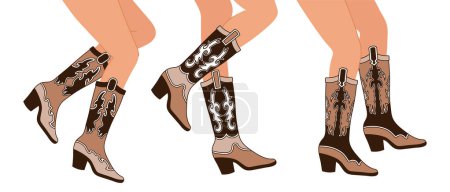 Ensemble de jambes en bottes de cow-boy. Diverses bottes de cow-girl. Cowboy western theme, wild west, texas. Illustration tendance couleur dessinée à la main, vecteur