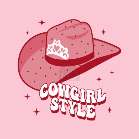 Illustration for Cowboy hat with crown. Pink Western Cowgirl hat and text Cowgirl style. Illustration. Vector - Royalty Free Image