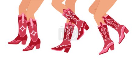 Illustration for Set of legs in cowboy boots. Various cowgirl boots. Cowboy western theme, wild west, texas. Hand drawn color trendy illustration, vector - Royalty Free Image