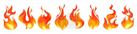Set of icons of fire, flame. Various burning flames. Fire flame, hot flaming elements. Bonfire. Decorative elements. Collection of bright icons, vector