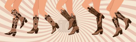 Illustration for Set of legs in cowboy boots. Various cowgirl boots. Cowboy western theme, wild west, texas. Hand drawn color trendy illustration, vector - Royalty Free Image