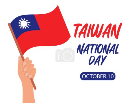 Téléchargez les illustrations : Carte de voeux de la fête nationale de Taiwan. Main tenant le drapeau de Taïwan. Le Jour commémoratif de Taiwan est le 10 octobre. Illustration, bannière, affiche, vecteur. - en licence libre de droit