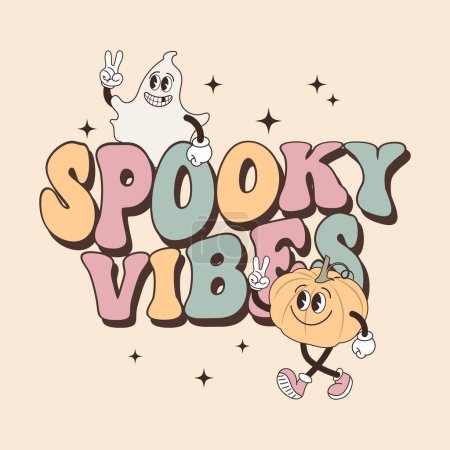 Illustration for Groovy lettering card for halloween. Spooky Vibes calligraphy and cute ghost and pumpkin characters. Retro design for posters, cards, t shirts - Royalty Free Image