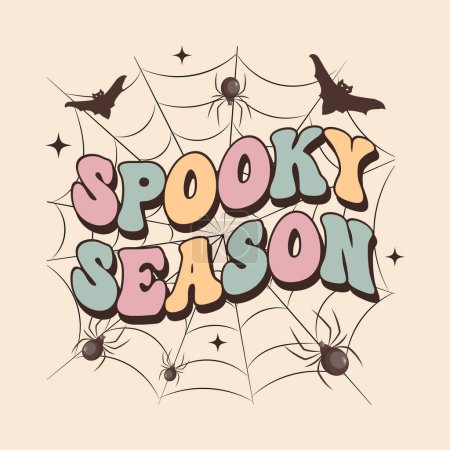 Illustration for Groovy lettering card for halloween. Spooky Season calligraphy on a web with spiders and bats. Retro design for posters, cards, t shirts - Royalty Free Image