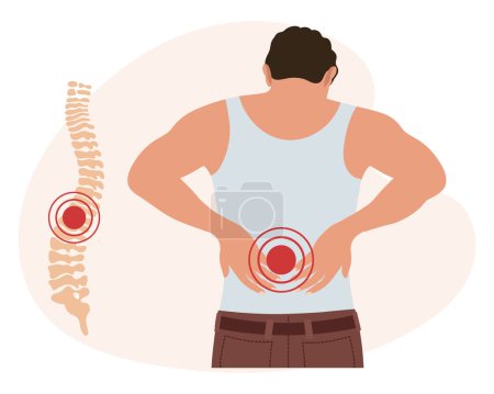 Ein Mann mit Schmerzen im Hals- und Lendenwirbel. Rückenschmerzen, Muskelschmerzen, Arthrose, rheumatoide Arthritis. Medizin. Abbildung, Vektor