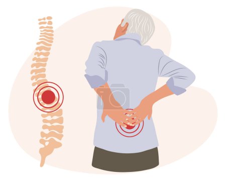 Un anciano con dolor en las vértebras lumbares. Dolor de espalda, dolor muscular, osteoartritis, artritis reumatoide. Medicina. Ilustración, vector