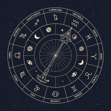 Illustration for Clock with astrological zodiac signs in a mystical esoteric circle on a cosmic background. Gold and black design. Horoscope illustration, vector - Royalty Free Image