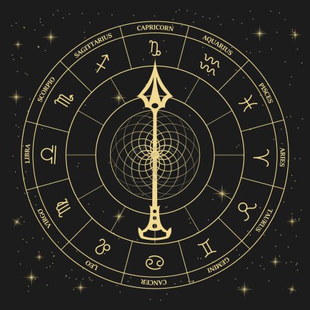 Ilustración de Reloj con signos zodiacales astrológicos en un círculo esotérico místico sobre un fondo cósmico. Diseño dorado y negro. Horóscopo ilustración, vector - Imagen libre de derechos