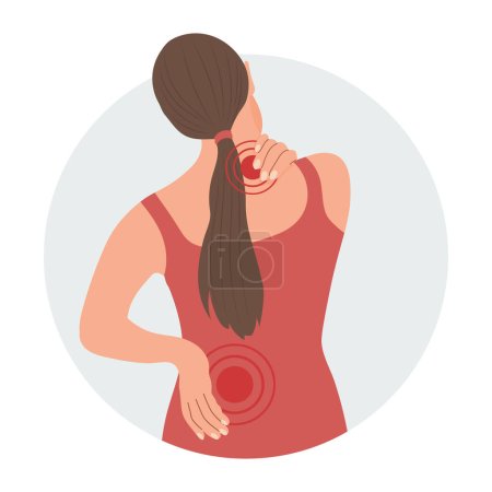 Ilustración de Mujer con dolor en las vértebras cervical y lumbar. Dolor de espalda, dolor muscular, osteoartritis, artritis reumatoide. Medicina. Ilustración, vector - Imagen libre de derechos
