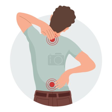Ilustración de Un hombre con dolor en las vértebras cervical y lumbar. Dolor de espalda, dolor muscular, osteoartritis, artritis reumatoide. Medicina. Ilustración, vector - Imagen libre de derechos