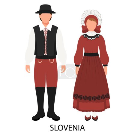 Téléchargez les illustrations : Homme et femme, couple en costumes folkloriques slovènes. Culture et traditions de la Slovénie. Illustration, vecteur - en licence libre de droit