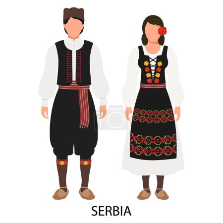 Téléchargez les illustrations : Un homme et une femme, un couple en costumes folkloriques serbes. Culture et traditions de la Serbie. Illustration, vecteur - en licence libre de droit