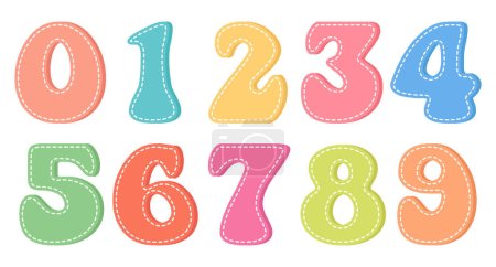 Ilustración de Conjunto de números de 0 a 9 y símbolos matemáticos en estilo retro groovy. Números de niños. Elementos de diseño, impresión, vector - Imagen libre de derechos