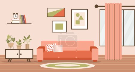Illustration for Living room with sofa, home plants on the bedside table, window, bookshelf and paintings on the wall. Flat interior in minimal style, vector - Royalty Free Image