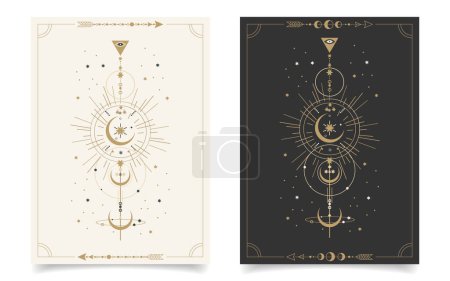 Set of esoteric mystical posters with spiritual symbols, moon, sun, stars. Templates on light and dark backgrounds, boho style. Vector
