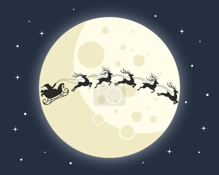 Illustration for Santa on a sleigh with reindeers in the sky with a full moon. Christmas illustration, vector - Royalty Free Image