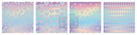 Set of geometric seamless patterns on holographic neon. Shiny hologram texture. Foil pattern. Metallic gradient. Vector