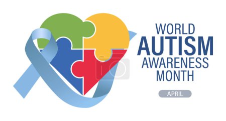 World Autism Awareness Day banner. Blue awareness ribbon and colorful heart puzzle. Poster, vector