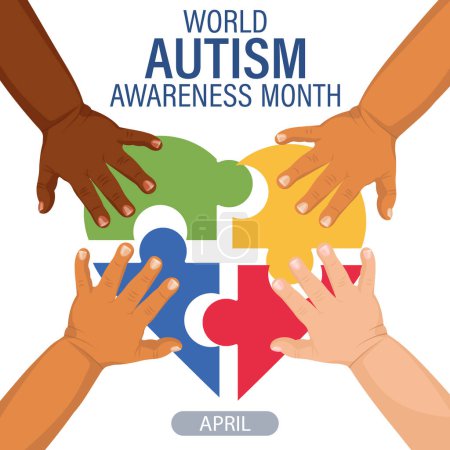 Illustration for World Autism Awareness Day banner. Children's hands and colorful heart puzzles. Poster, vector - Royalty Free Image