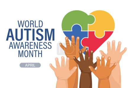 World Autism Awareness Day banner. Children's hands and colorful heart puzzles. Poster, vector