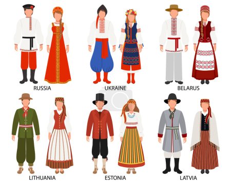 Eine Gruppe von Paaren in Trachten europäischer Länder. Russland, Ukraine, Weißrussland, Lettland, Litauen, Estland. Kultur und Traditionen. Abbildung, Vektor