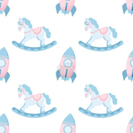 Illustration for Seamless pattern, cute rocking horses rocket toys. Pastel shades. Baby shower background, baby textile, vector - Royalty Free Image