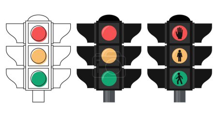 Ilustración de Conjunto de semáforos sobre fondo blanco. Semáforo de carretera. Ilustración en estilo plano, boceto, vector - Imagen libre de derechos