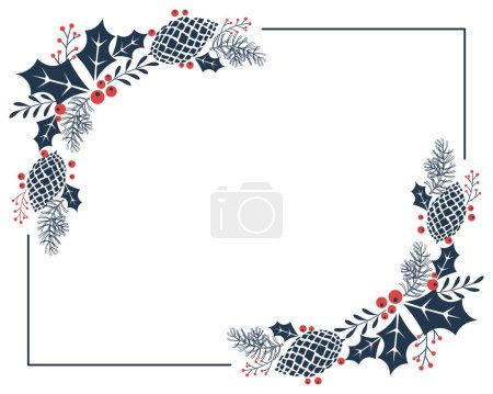 Illustration for Christmas frame with pine cones, berries and holly leaves on a white background. Christmas wreath, vector - Royalty Free Image