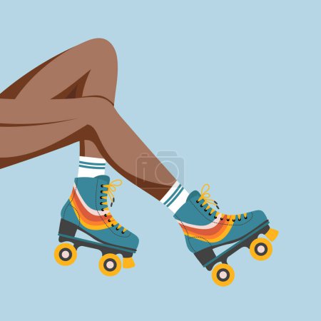 Beine eines Mädchens in Retro-Rollschuhen und Socken. Frau auf Rollschuhen. Retro-Illustration im flachen Stil. Vektor