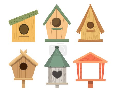 Ilustración de Conjunto de lindas pajareras. Varias casas de madera para pájaros. Iconos de primavera en estilo plano de dibujos animados. Vector - Imagen libre de derechos