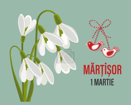 Martisor, moldawische und rumänische traditionelle Frühlingsfeiertage. Strauß weißer Schneeglöckchen. Floraler Frühling Hintergrund, Postkarte, Vektor