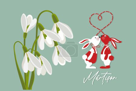 Martisor, vacances de printemps traditionnelles moldave et roumaine. Bouquet de gouttes de neige blanches. Fond de printemps floral, carte postale, vecteur