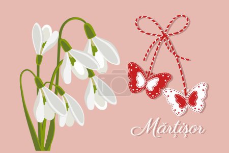 Martisor, Moldovan and Romanian traditional spring holiday. Bouquet of white snowdrops. Floral spring background, postcard, vector