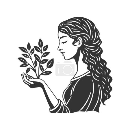 Ilustración de Mujer sosteniendo árbol en crecimiento, salud mental, cuidado personal o jardinería. Silueta en blanco y negro ilustración. Logo. Vector - Imagen libre de derechos