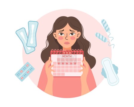 Triste mujer con un calendario menstrual en sus manos. Salud y medicina. Ilustración, vector