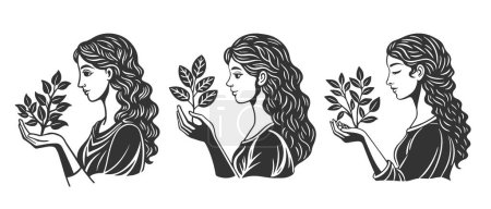 Ilustración de Mujer sosteniendo árbol en crecimiento, salud mental, cuidado personal o jardinería. Logotipo. Siluetas en blanco y negro. Vector - Imagen libre de derechos