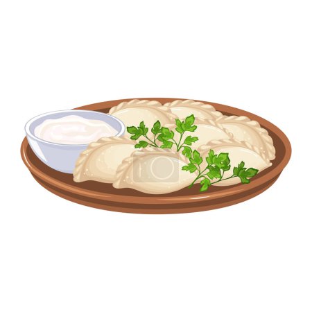 Illustration for Vareniki. Pelmeni. Meat dumplings. Food, national cuisine of Ukraine and Russia. Dough and meat products. Vector - Royalty Free Image
